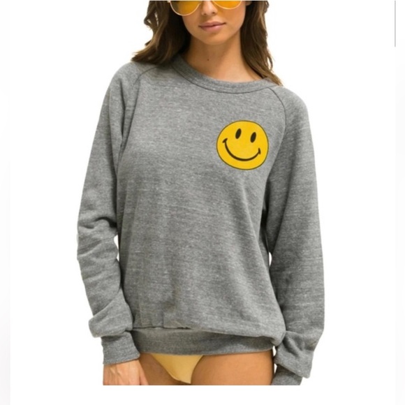 Aviator Nation Gray Crewneck Sweatshirt with Yellow Smiley - Picture 1 of 4